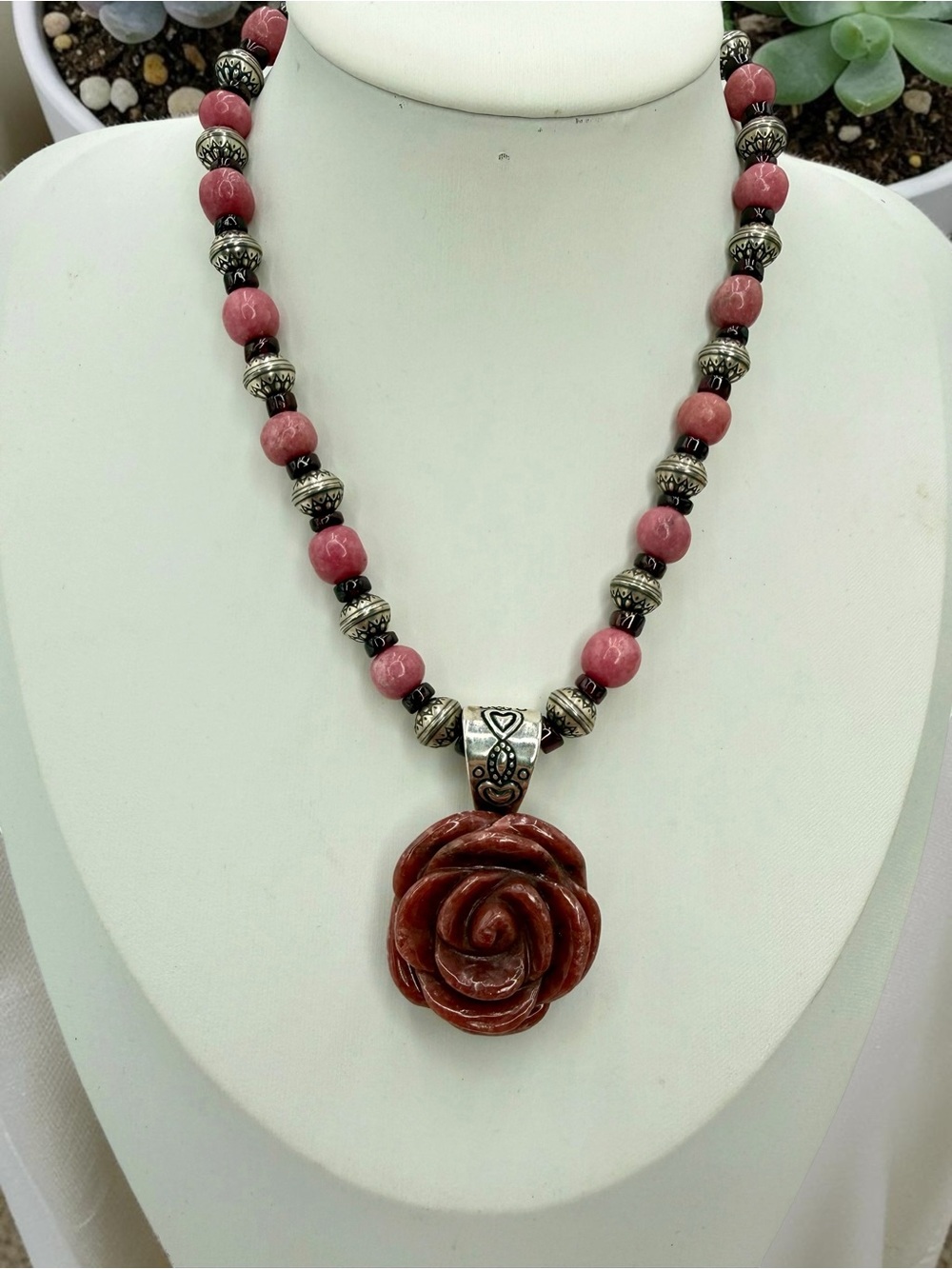 Carolyn Pollack CP 925 Rhodonite Carved Rose Pendant Necklace 16-20” Floral Boho